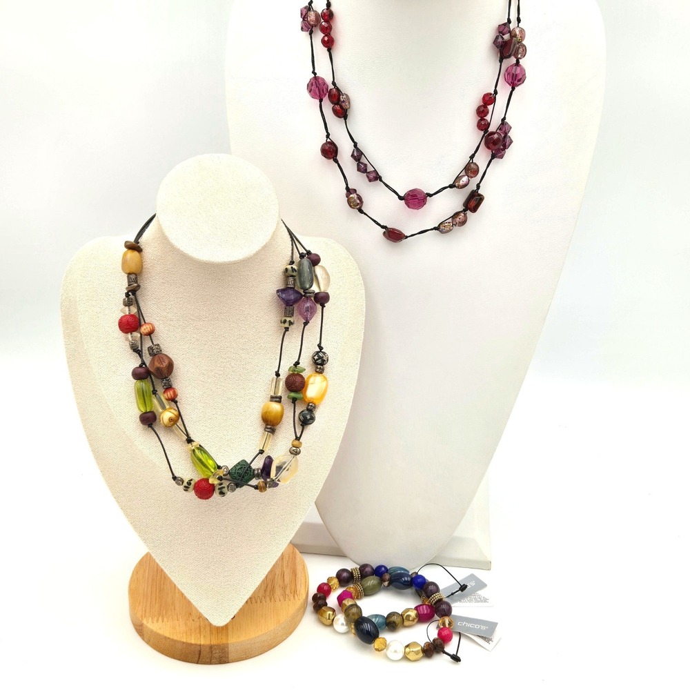 Chico's Jewelry Lot 2 Multi-Strand Beaded Necklaces & 2 NWT Stretch Bracelets